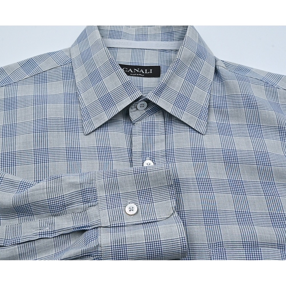 Canali Mens Grey Blue Glen Plaid Button Down Dress Shirt Made in Italy 15.5x32